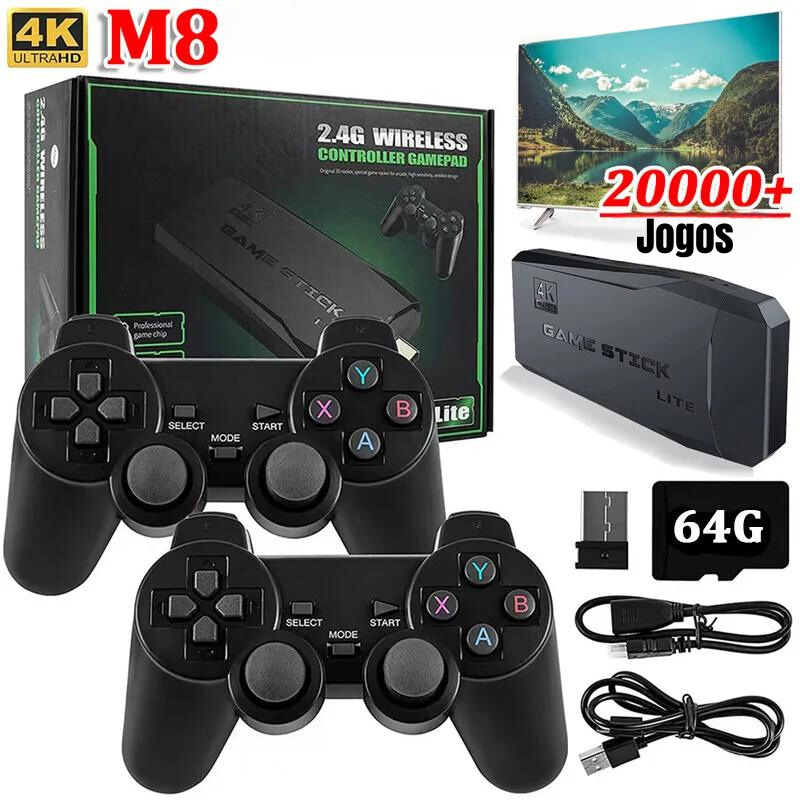 Video-game m8 console 2.4g, controle duplo sem fio, 4k, 10.000 jogos, 64gb